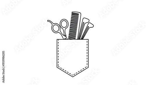 Simple black and white illustration of hairdressing tools in a pocket on a isolated
