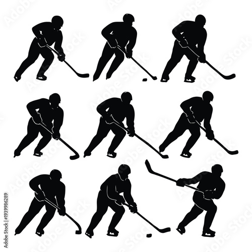 Silhouettes of hockey players in various poses and actions on the ice, vector illustration, 1 eps file format