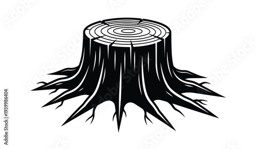 Black and white illustration of a tree stump with visible roots