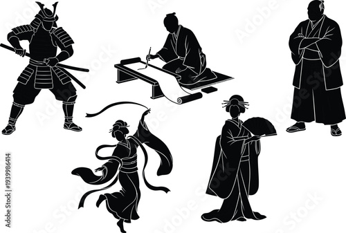 Japanese culture silhouettes samurai geisha calligraphy artist traditional kimono warrior fan dance Japan heritage isolated vector illustration set