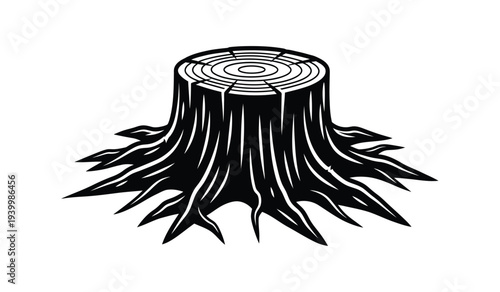 Black and white illustration of a tree stump with visible rings