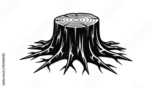 Black and white illustration of a tree stump with exposed roots