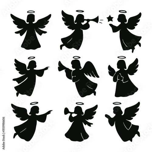 Collection of black silhouettes of angels with halos and wings in various poses, 1 (108).eps style