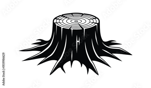 Black and white illustration of a tree stump with visible rings