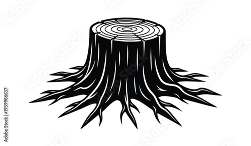 Black and white illustration of a tree stump with roots