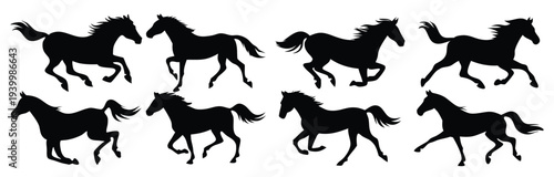 big horse run stand jump silhouettes set isolated flat 