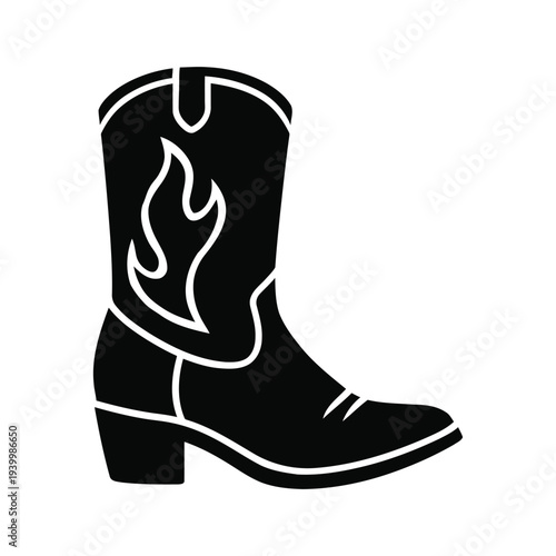 Illustration of a cowboy boot with flame design on a white background, vector graphic of footwear