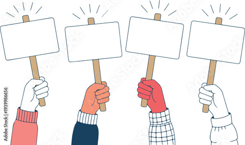 "Cartoon People with Protest Banners Representing Freedom, Activism, and Social Change in Vector Illustration"