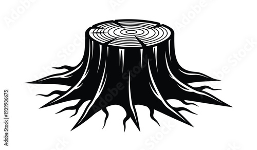 Black and white illustration of a tree stump with visible rings and roots
