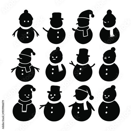Collection of Snowman Silhouettes in Various Hats and Scarves
