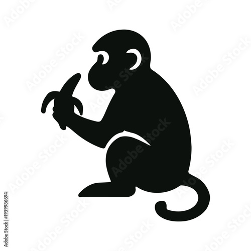 Monkey sitting with banana in hand, a simple illustration on a clean background from a side view