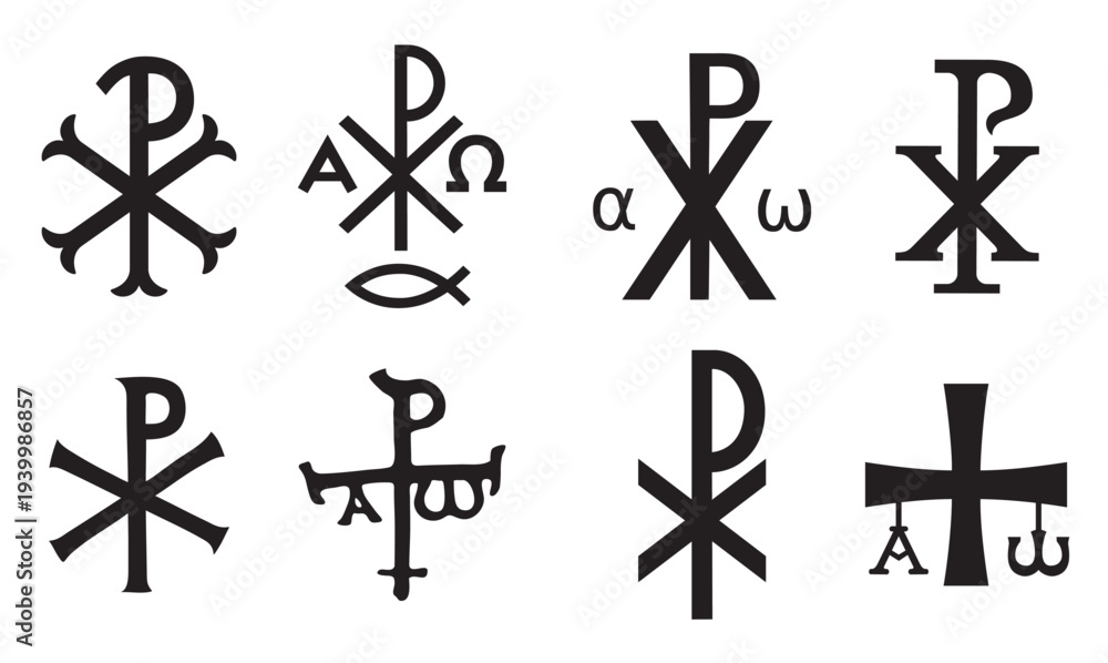 Fototapeta premium Christian symbols icons set. Glossy Chi Rho, Christogram, Chrismon, Labarum symbols set.