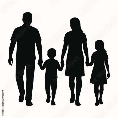 Family of four holding hands and walking together in a happy silhouette illustration