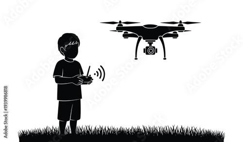 Silhouette of a person controlling a drone with a remote control on a grassy field