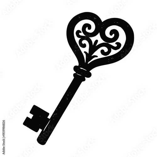 An ornate key with a heart-shaped head and intricate design is illustrated in a simple, isolated style 1 (123).eps