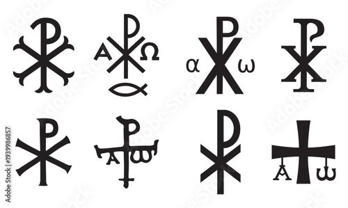 Christian symbols icons set. Glossy Chi Rho, Christogram, Chrismon, Labarum symbols set.