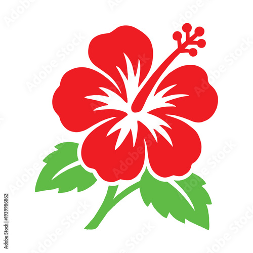 Vibrant Red Hibiscus Flower Illustration with Green Leaves and Stamen, Tropical Floral Scene, Vector Graphic Representation
