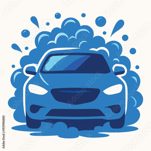 Front view of a blue car being washed with soap suds and water splashing around it, illustration