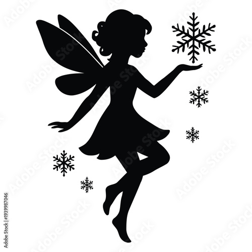 A young fairy dancing with snowflakes in mid-air, surrounded by winter wonder, black silhouette artwork, '1 (140).eps' style