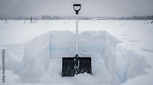A snow shovel stands upright in a deep, rectangular trench carved out of thick snow on a foggy winter day in an open, snowy landscape