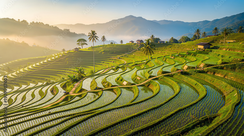 Fototapeta premium Terraced rice fields cascade down a lush hillside with scattered palm trees and huts, bathed in warm sunlight against a backdrop of misty mountains and clear skies
