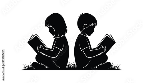 Two children sitting back to back reading books in a serene outdoor setting