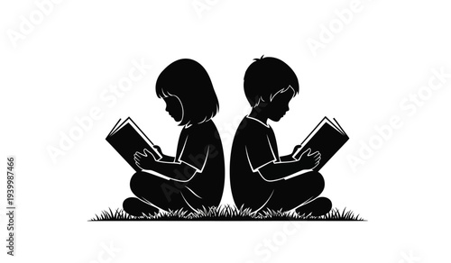 Two children sitting on grass reading books together