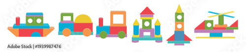  set construction of transport from colored wooden cubes 