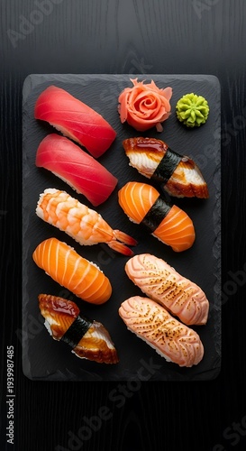 Sushi assortment on slate.