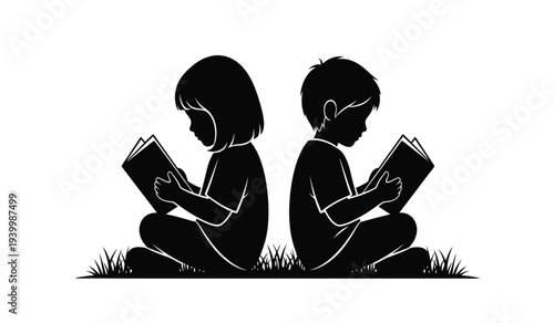 Two children sitting back to back reading books together on grass
