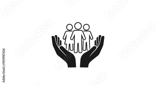 Simple black and white vector graphic illustration depicting hands gently supporting a group of three people.