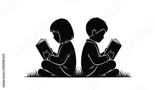 Two children sitting back to back reading books on grass