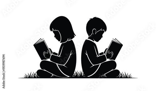 Two children sitting back to back reading books in silhouette