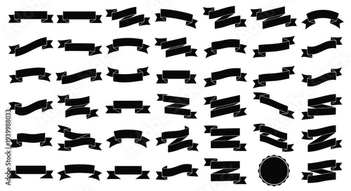 Collection of various stylized black ribbon banners and award seal vector graphic elements for design use