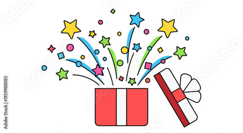 Vector illustration of colorful gift box with confetti and stars