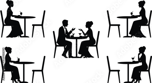 romantic couple and woman dining restaurant silhouettes date conversation drinking wine elegant dinner isolated vector illustration set
