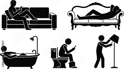 people relaxing at home silhouettes sitting sofa bathing toilet phone reading lamp everyday life isolated vector illustration set