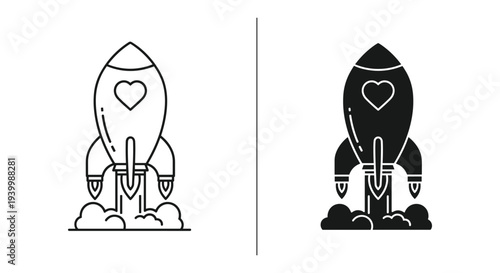 Rocket ship with heart icon in outline and solid style