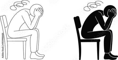 Depressed person icon set outline and solid style sad man sitting on chair mental stress anxiety problem vector illustration isolated