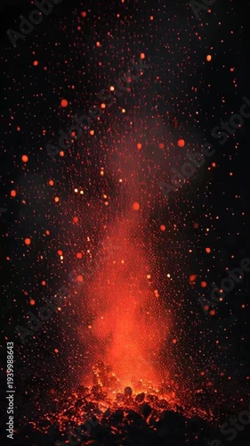 Explosive volcanic eruption spewing glowing lava and hot ash into the dark night sky, a powerful natural phenomenon