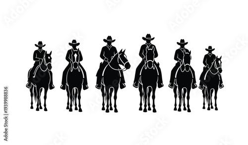 Silhouettes of cowboys riding horses in a line against a