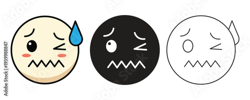 Cream Winking and Sweating Face Emoji Combo with Outline and Silhouette Vector Assets