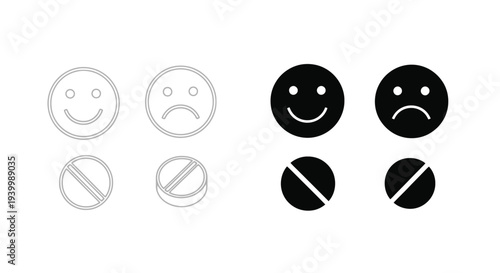 Vector graphic icons illustrating contrasting emotional states alongside medication dosage symbols for health feedback