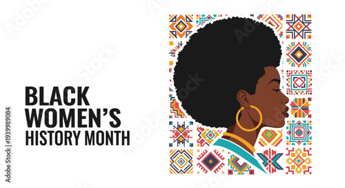 Profile portrait of a Black woman with a large afro and gold jewelry set against a background of African tribal patterns for history month.