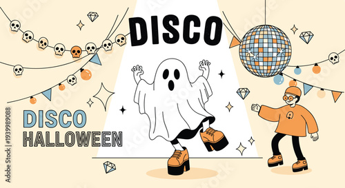 Fun disco Halloween party illustration featuring a dancing ghost in platforms and a guy under a disco ball and skull decorations.