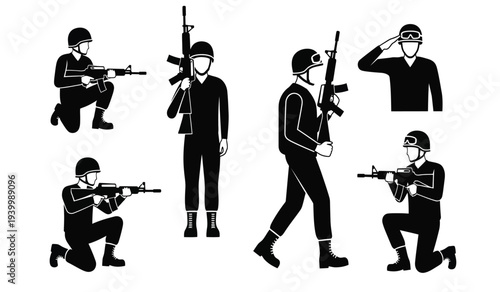 Set of black silhouettes of soldiers in various combat poses