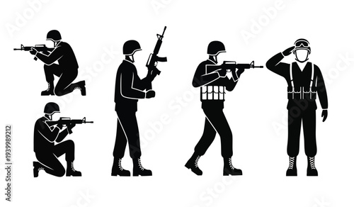Set of black silhouettes of soldiers in various combat poses