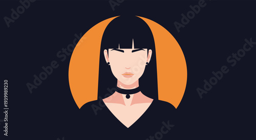 Minimalist faceless portrait of a woman with long black hair and a choker against a large orange circular sun for a modern aesthetic look.