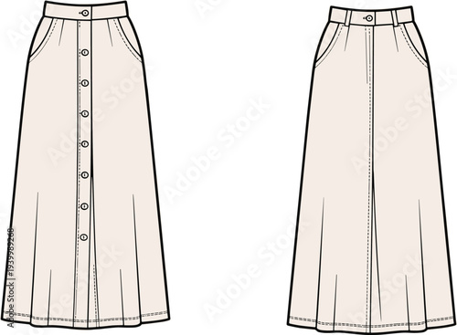 Fashion Flat Sketch of a Button- Front Maxi Skirt with Pockets Front and Back Views fashion sketch flat design