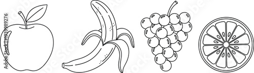 Apple, banana, grape bunch and citrus slice fruit outline illustration set isolated vector for healthy food, nutrition and fresh produce concept